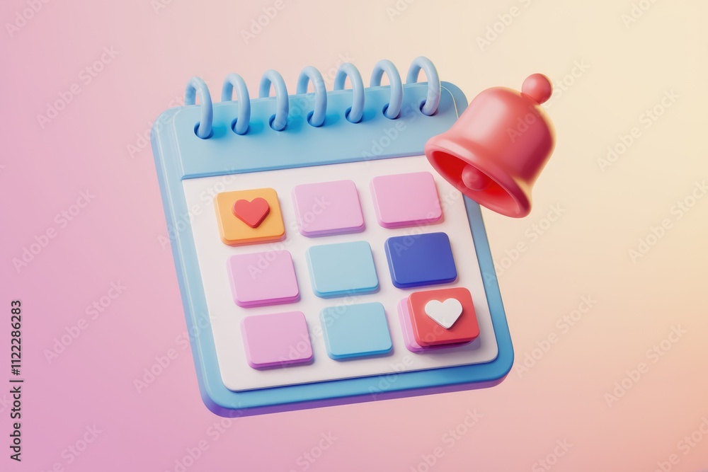 Aufkleber A 3D render of a cute calendar with heart icons and a notification bell, symbolizing reminders for important dates.