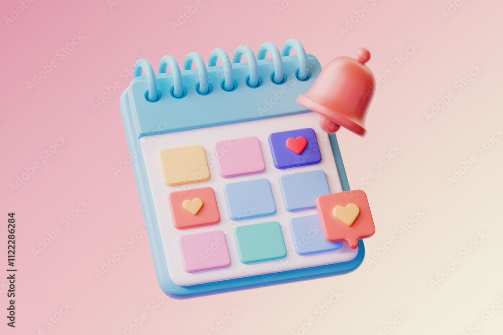 Poster A 3D rendering of a cute calendar with hearts and a bell, symbolizing reminders and important dates.