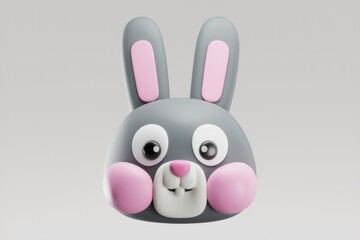 Obraz premium Adorable 3D model of a grey bunny with pink inner ears and cheeks, conveying happiness.