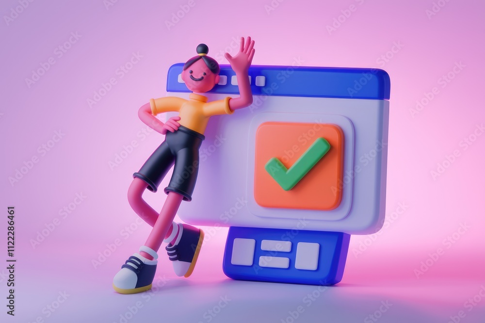 Poster A 3D cartoon character celebrates task completion on a website interface.