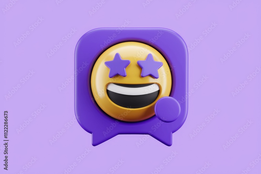 Poster a 3d rendering of a happy emoji with stars for eyes inside a purple speech bubble.
