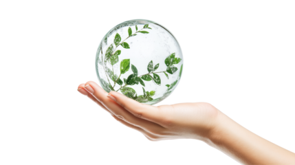 Individual holding a transparent globe featuring continents and oceans, isolated on clear background.