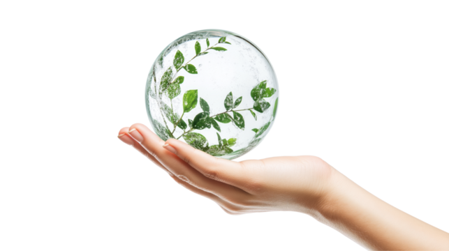 Individual holding a transparent globe featuring continents and oceans, isolated on clear background.
