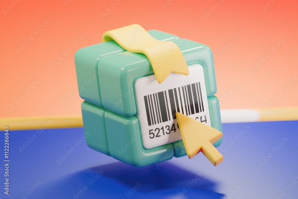 Poster A 3D rendering of a cube with a barcode, indicating online product scanning and purchase.