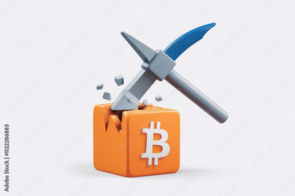 Poster a pickaxe breaks an orange bitcoin cube, symbolizing cryptocurrency mining.