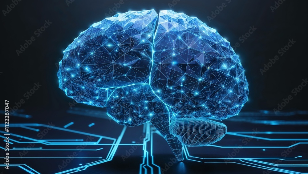 Poster low poly brain or artificial intelligence concept. symbol of wisdom point. abstract vector image of 