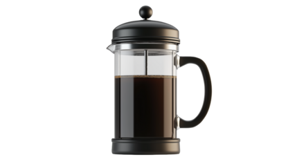 A French press coffee pot filled with freshly brewed coffee, isolated on clear background.