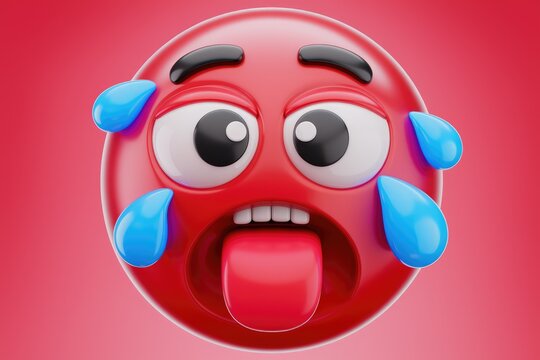 A 3D rendering of a red emoticon with a distressed expression, sweating and sticking out its tongue.