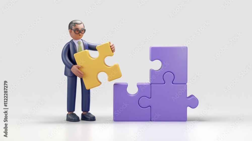 Aufkleber a 3d cartoon businessman adds a yellow puzzle piece to a purple structure, symbolizing problem-solvi