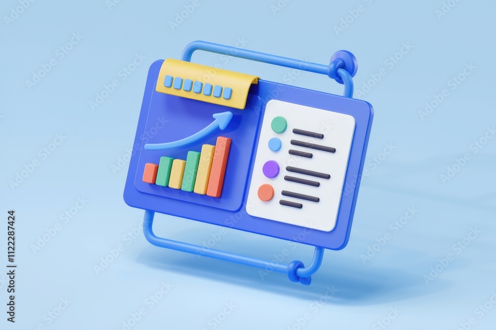 Poster 3D render of a dashboard showing upward trending bar graph and checklist, indicating progress and planning.