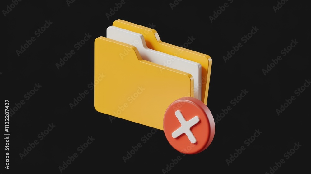 Poster 3D render of yellow folder with red cross icon, symbolizing file deletion or removal.