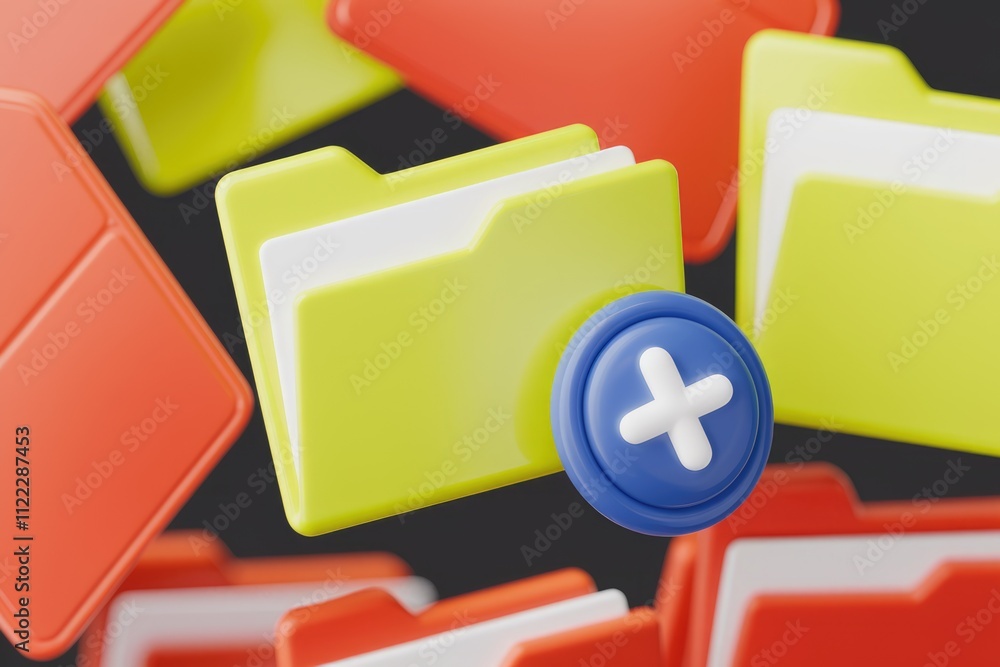 Poster 3D illustration of a yellow folder with a blue plus button, symbolizing adding a new file or document.