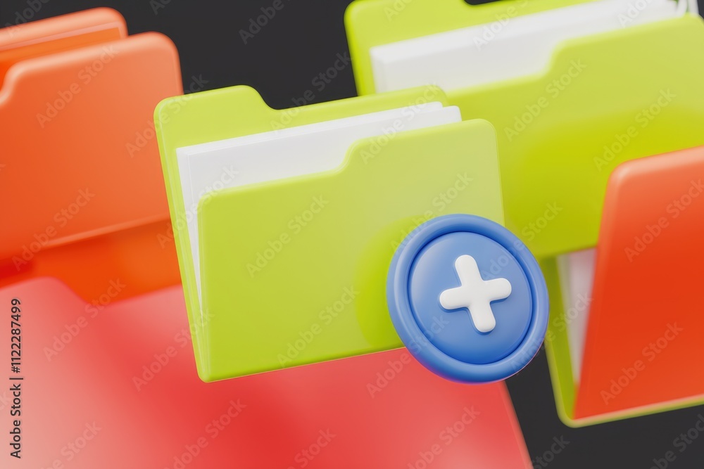Aufkleber Colorful folders with a plus button; symbolizing adding new files or creating new folders.