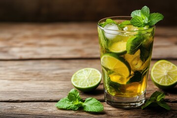 Fototapeta premium Refreshing Mint and Lime Cocktail with Ice in a Glass