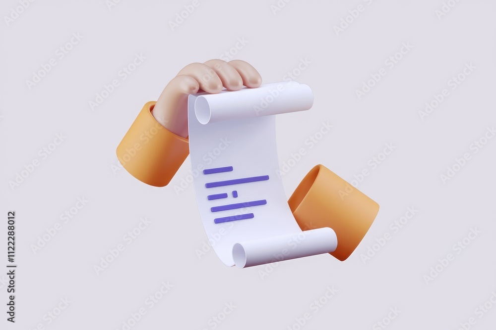 Leinwandbilder a 3d cartoon hand holds a scroll with simple text, representing document handling or reading.