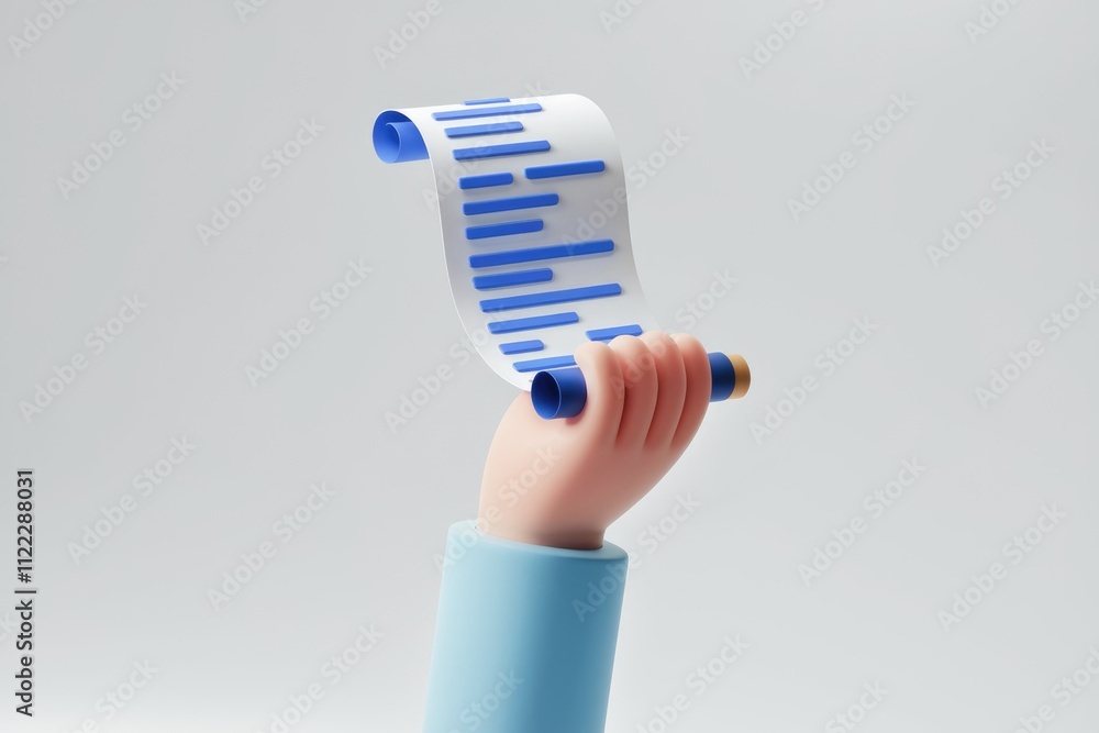 Poster A 3D cartoon hand holds a scroll with blue data lines, symbolizing information or data management.