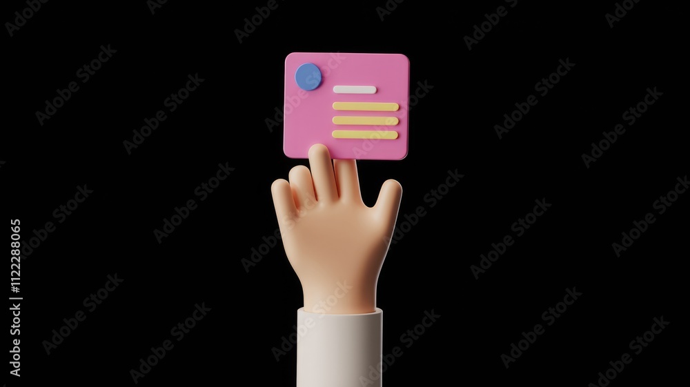 Poster A 3D rendered hand interacts with a pink card; showcasing digital interaction and UI design.