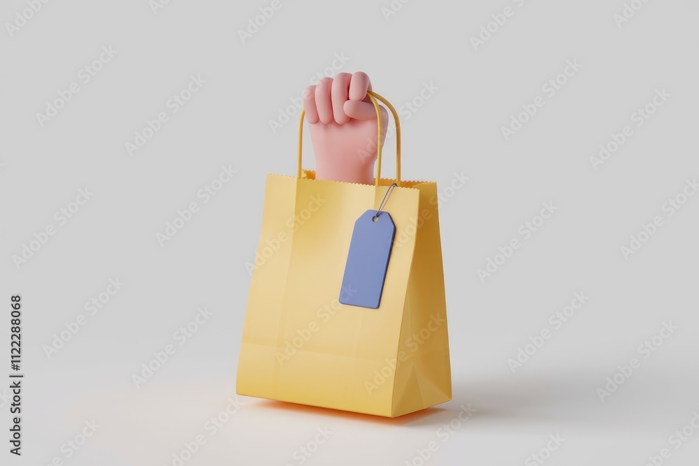 Poster a 3d rendered image of a hand holding a yellow shopping bag with a blank price tag.