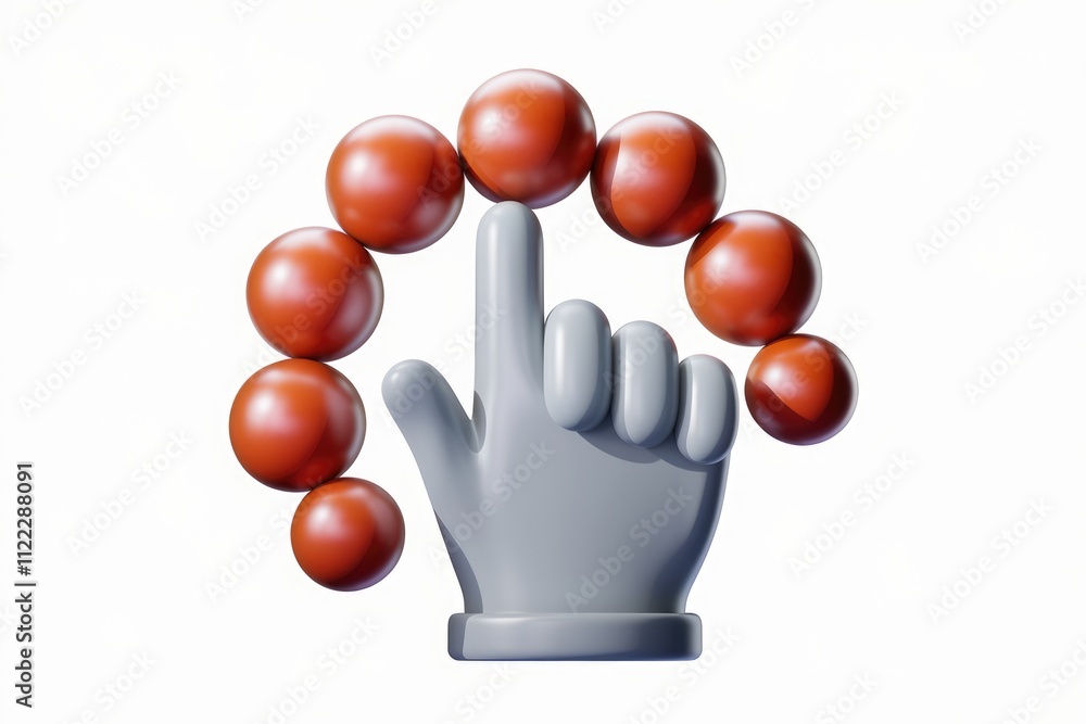 Poster A 3D rendering of a hand interacting with a circular arrangement of spheres.
