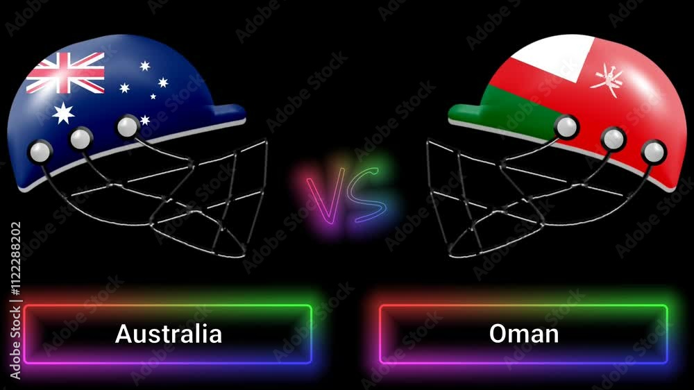 Poster australia vs oman match animation with flags on helmets and colorful border over text all on black b