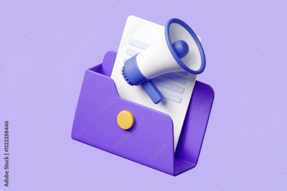 Poster 3d render of a megaphone on a document in a purple folder, symbolizing important announcement or mar