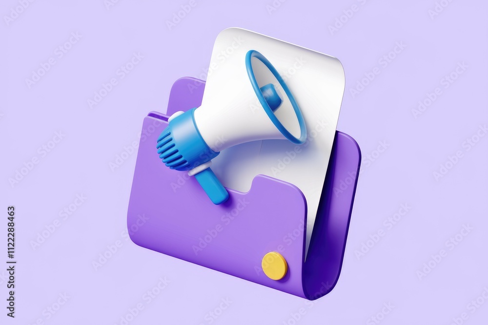 Poster a 3d rendering of a purple folder with a megaphone and white paper, symbolizing marketing and announ