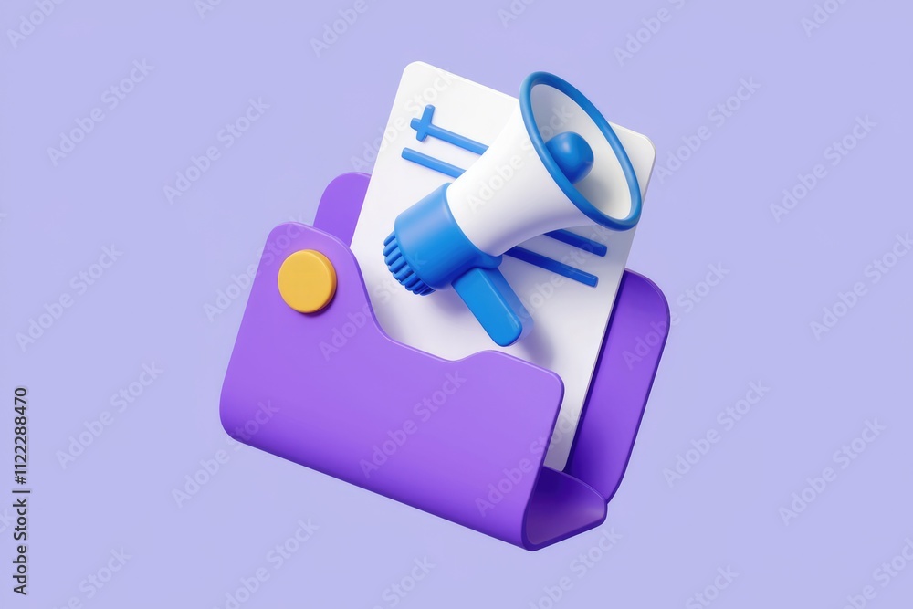Fototapete a 3d rendering of a megaphone on a document inside a purple folder, symbolizing announcement or prom