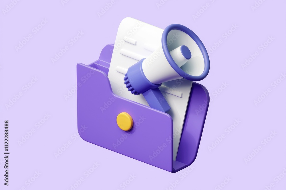 Poster A 3D rendering of a purple folder with a document and megaphone, symbolizing announcement or important information.