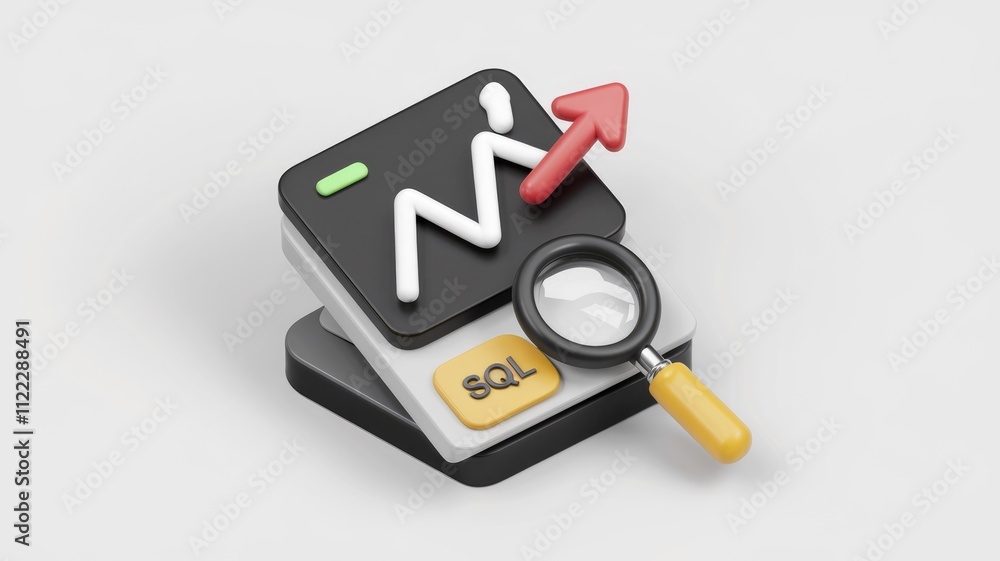 Aufkleber 3D render of upward trend graph with SQL button and magnifying glass, symbolizing data analysis and growth.