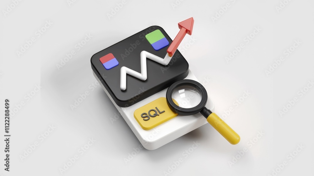 Poster SQL data analysis showing upward trend, visualized with a graph and magnifying glass for detailed insights.