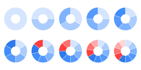 Pie chart with evenly divided sectors 1, 2, 3, 4, 5, 6, 7, 8, 9, 10 blue and red with hole in center. Vector visualization of statistical of database analysis, table, stock portfolio structure.