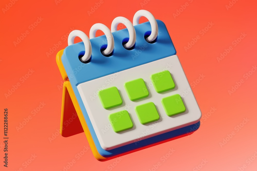 Poster A colorful 3D rendered image of a desk calendar with six blank squares for scheduling.