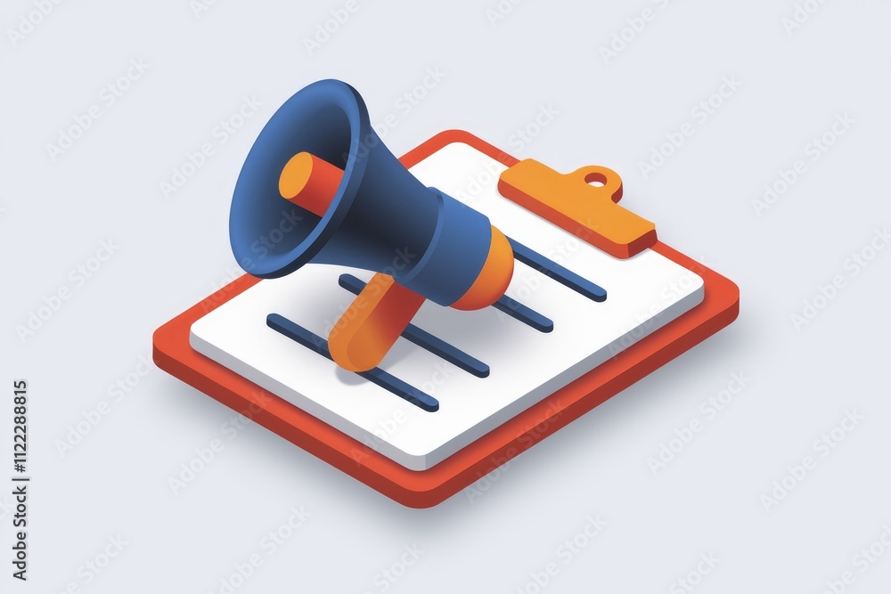 Poster Announcing important updates or news via a megaphone on a checklist.