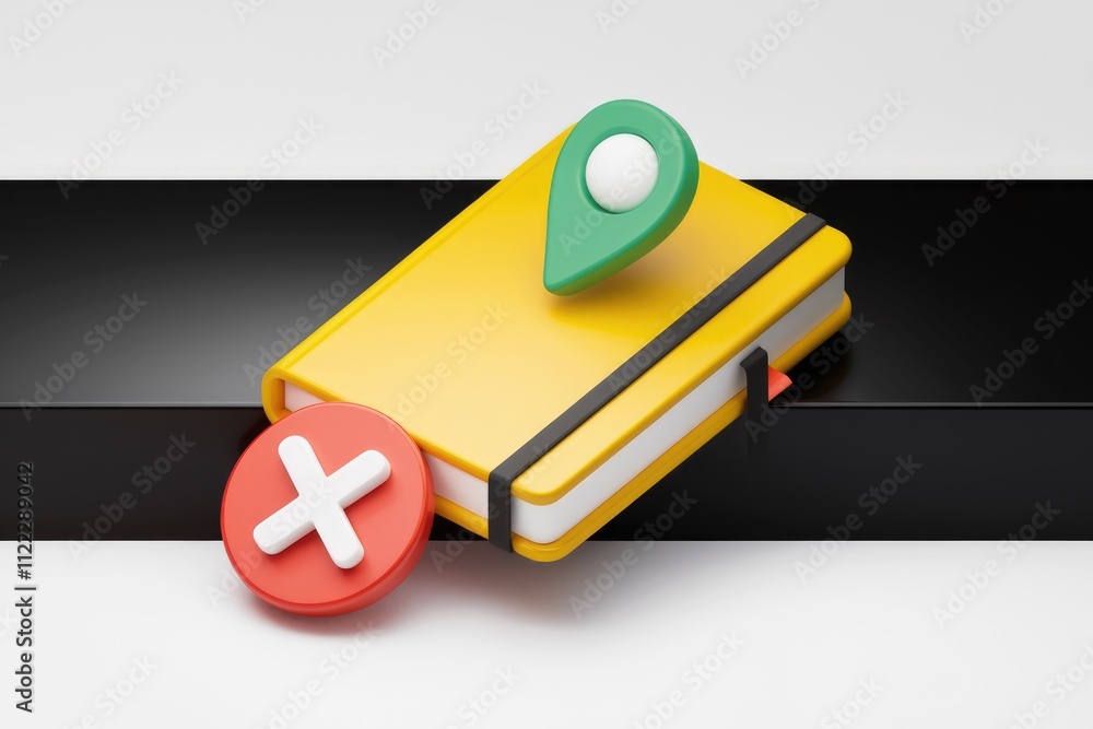 Poster A yellow notebook with a location pin and a red 'X' signifying location deletion or task removal.