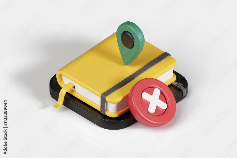 Poster A yellow notebook with a location pin and a red 'X' mark, symbolizing location deletion or rejection.