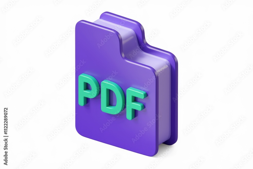Poster 3d render of a purple pdf file icon, representing digital documents.