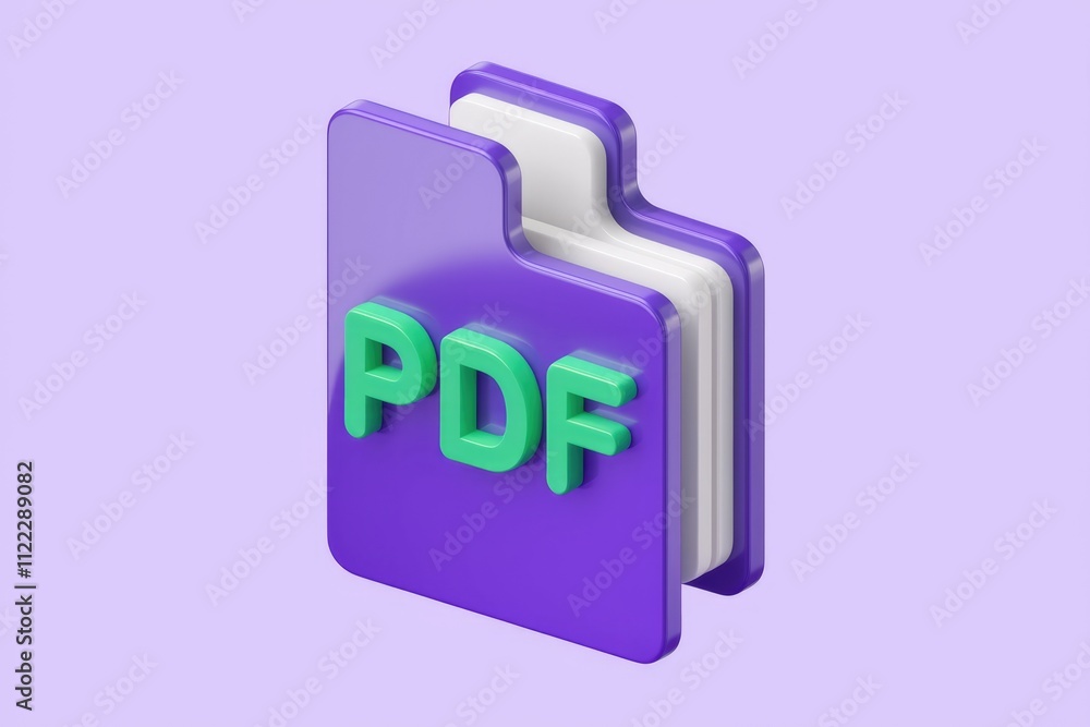 Poster 3d render of a purple pdf folder icon with green text, symbolizing digital documents.