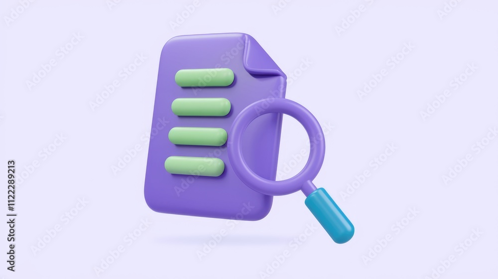 Aufkleber 3d render of a purple document with a magnifying glass, symbolizing document search or review.