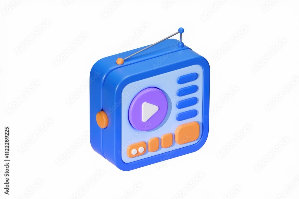 Poster a 3d render of a cute blue radio with play button, representing media player.