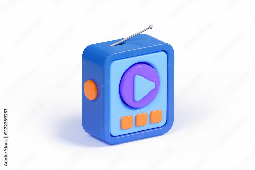 Poster a 3d-rendered blue radio with a play button and antenna, representing media playback.