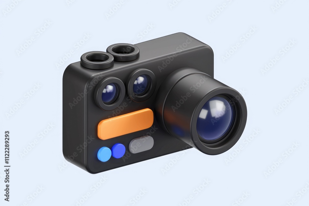 Poster A 3D model of a stylized black camera with multiple lenses and colorful buttons.