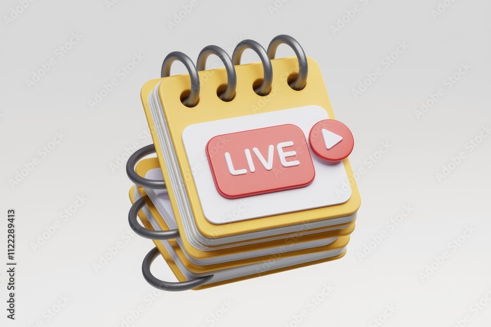 Poster A 3D render of a yellow notepad with a red 'LIVE' button and play icon, indicating a live event schedule.