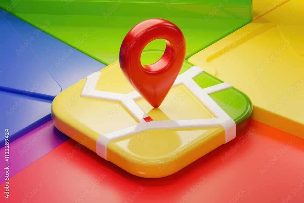 Fototapete A 3D rendering of a red location pin on a colorful map, symbolizing navigation and geolocation.