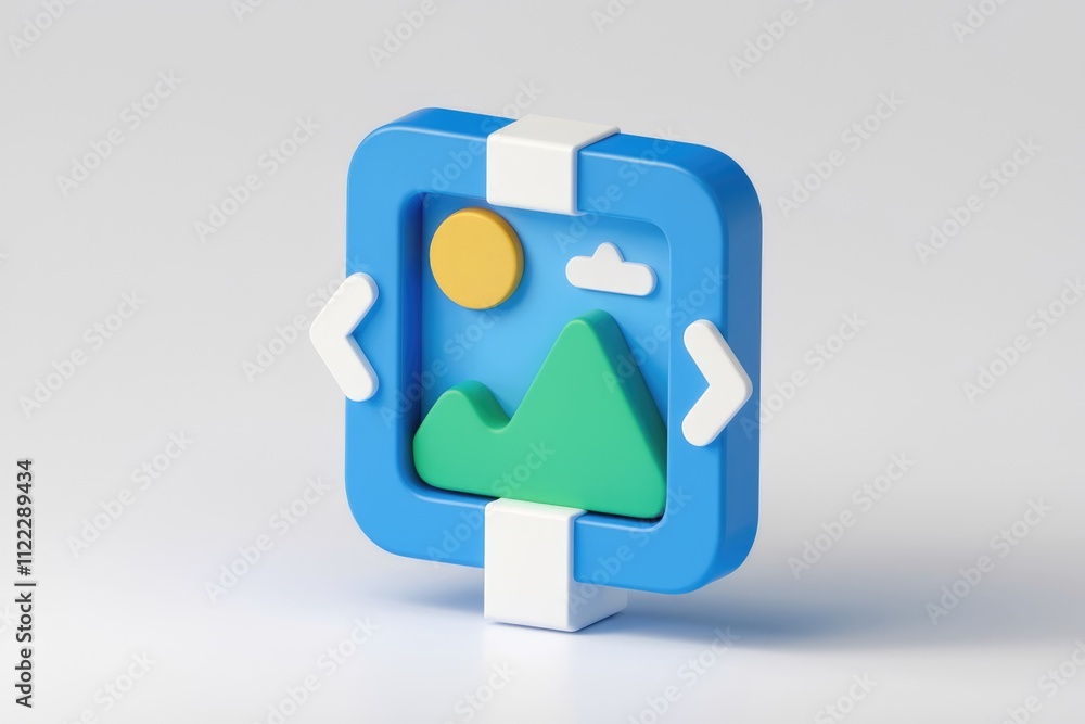 Poster 3D render of a blue image frame with left and right arrows, depicting a simple landscape.