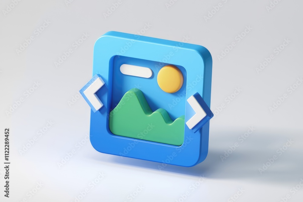 Poster 3D render of a blue image icon with arrows, suggesting image resizing or gallery browsing.