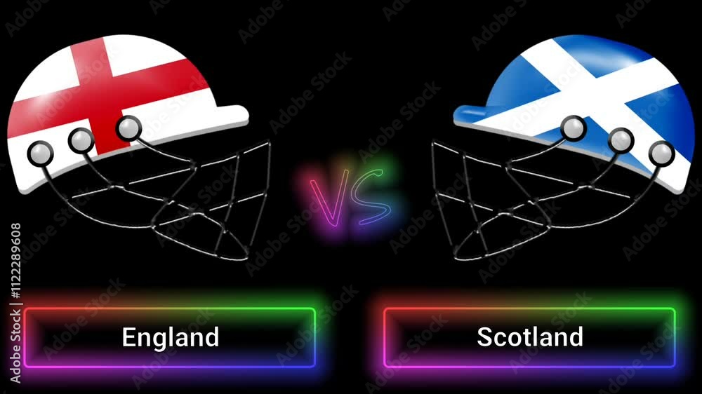 Poster england vs scotland match animation with flags on helmets and colorful border over text all on black