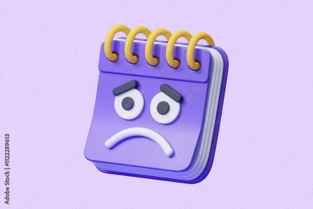 Poster a 3d rendering of a sad notepad with a spiral binding, expressing disappointment or frustration.