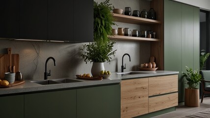 Fototapeta premium Modern kitchen design with sage green cabinets, wood accents, and a minimalist aesthetic.