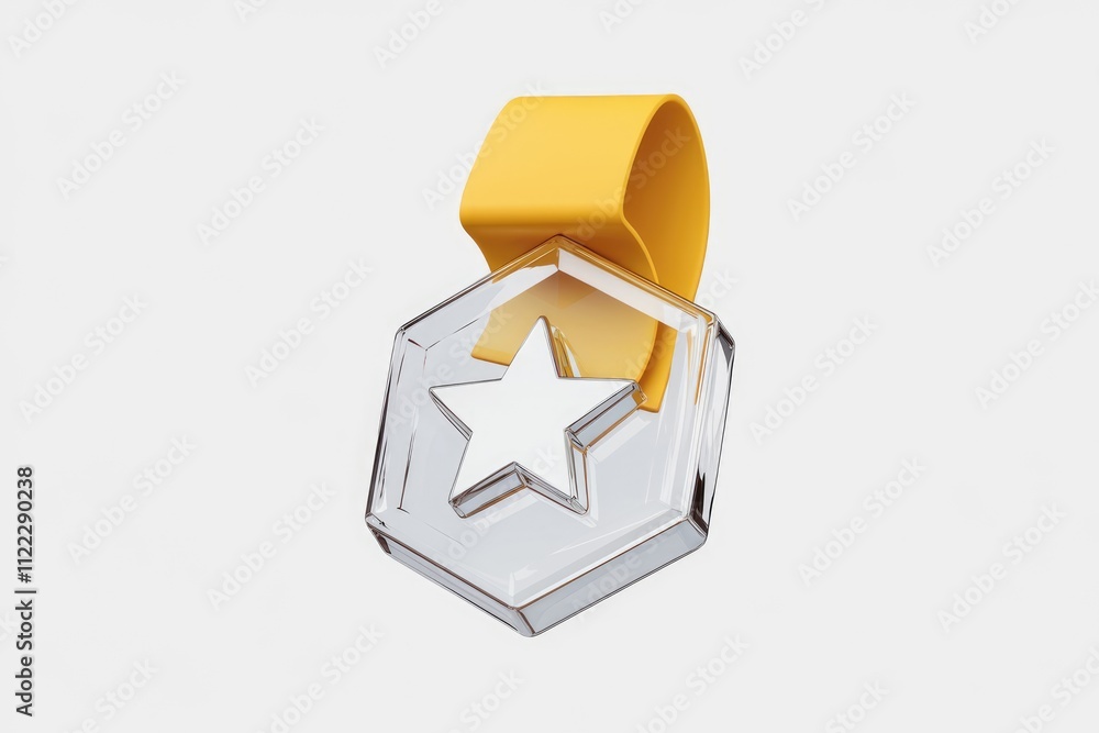 Aufkleber a 3d render of a hexagonal glass award with a star inside and a yellow hanger.