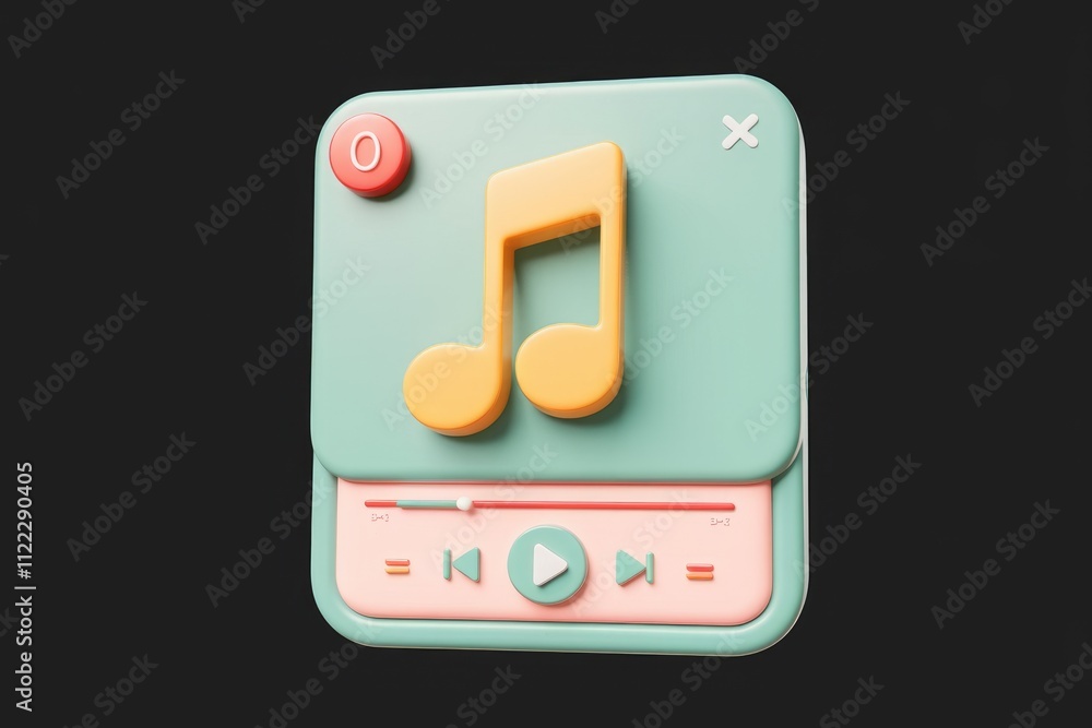 Poster A 3D rendered music player interface with play, pause, and volume controls.
